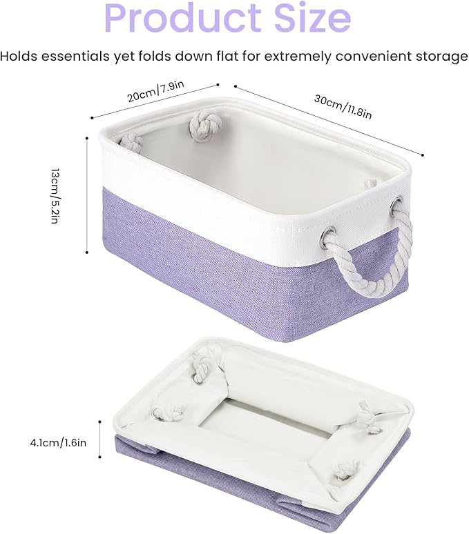Storage Baskets for Shelves 11.8x7.9x5.2 Inch, Foldable Fabric Storage Bins with Handles, Small Storage Baskets for Organizing Closet, Office, Home Organization (1-Pack, White&Purple) - Image 4