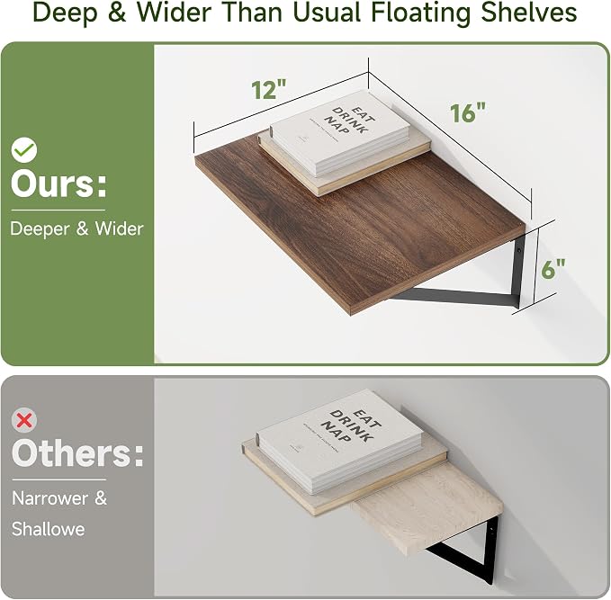 Heimlove 12 Inch Deep Floating Shelves for Wall, 16W x 12D Wide Floating Shelves Heavy Duty Wall Mounted Shelves, Wood Wall Shelves for Living Room Bedroom Bathroom Kitchen- Set of 4 - Image 3