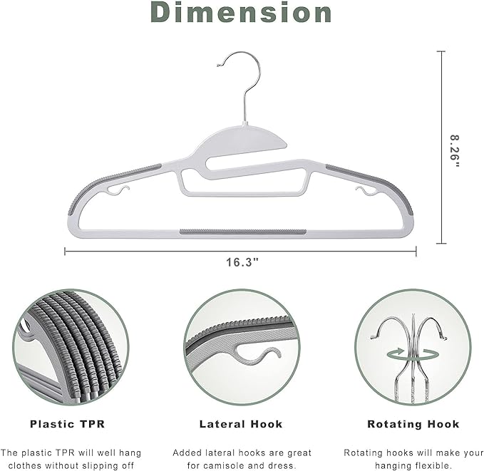 BAGAIL Plastic Hangers 50 Pack with Non-Slip Design,0.2 Inches Thick, 360°Swivel Hook Space Saving Organizer for Bedroom Closet,Shirts,Pants(Grey- S Shaped) - Image 2