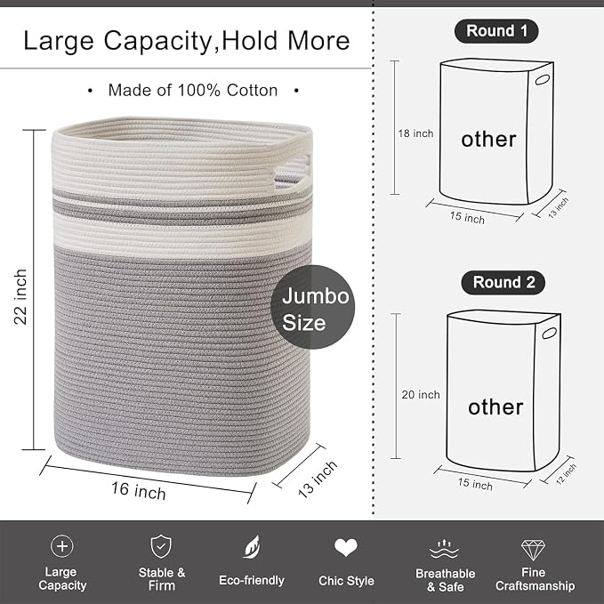 OIAHOMY Laundry Hamper, Tall Cotton Decorative Blanket Storage Basket with Handles for Living room,Collapsible Large Baskets for Toys,Pillows,Clothes Organizer-16x13x22in-Gray - Image 5