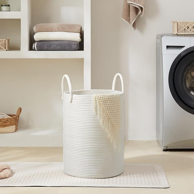 Cotton Rope Laundry Hamper by YOUDENOVA, 58L - Woven Collapsible Laundry Basket - Clothes Storage Basket for Blankets, Laundry Room Organizing, Bedroom Storage, Clothes Hamper – White - Image 5