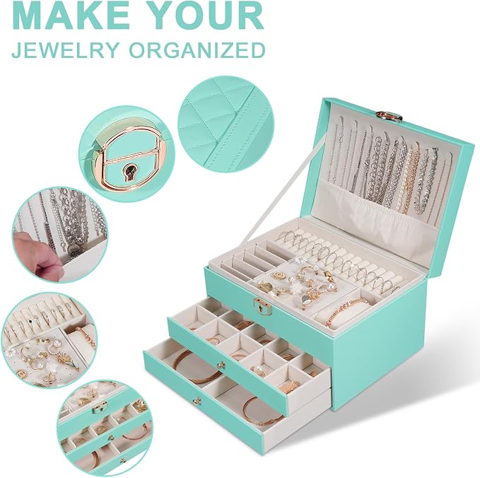 GUOER Jewelry Box for Women Girl Wife 3 Layers Large PU Leather Jewelry Organizer Storage Case with Two drawers Display for Earrings Bracelets Rings Watches (Teal) - Image 2