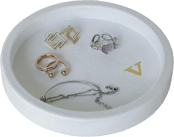 COLLECTIVE HOME - Velvet Jewelry Tray, 6" Monogrammed Jewelry Dish, Smooth Velour Display Dish for Rings, Earrings, Necklaces, Makeup, Personalized Gifts for Women (White-v) by COLLECTIVEHOME