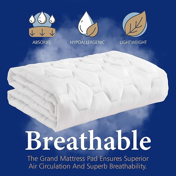 The Grand Hotel Collection King Size Mattress Pad - Thin, Lightweight, and Breathable Mattress Pad - Ideal for Hot Sleepers & Plush Mattresses - Deep Pocket Fits up to 18" - Easy to Wash (78 x 80)