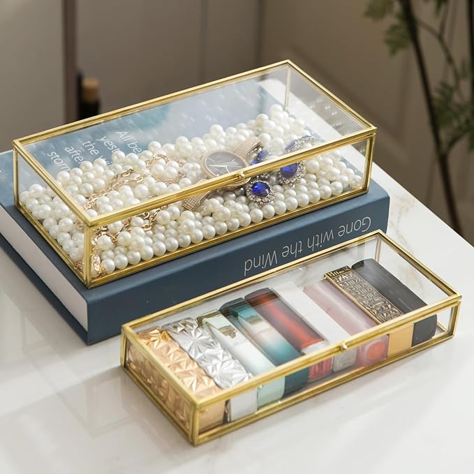 Glass Jewelry Box Set, 2pcs Vintage Rectangle Gold Keepsake Boxes Lipstick Organizer Box Vanity Lidded Box Home Decor Accent Decorative Box for Storage Trinket Rings Bracelet1 - Image 6