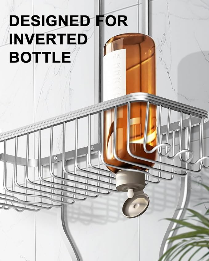 Shower Caddy Hanging - Never Rust Shower Hanging Organizer - Aluminum Over the ShowerHead Caddy with 6 Hooks for Razor/Sponge (Silver) - Image 5