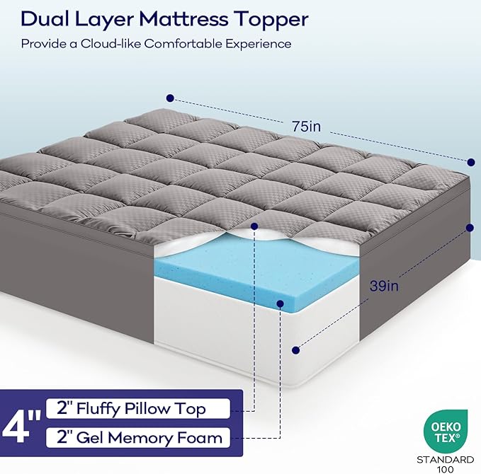 OLANLY Dual-Layer 4 Inch Twin Size Memory Foam Mattress Topper for Back Pain, 2 Inch Cooling Pillow Top Mattress Pad Cover and 2 Inch Gel Memory Foam Topper, Deep Elastic Pocket, Light Grey