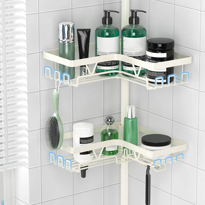 DAOYA Corner Shower Caddy Tension Pole, 4-Tier Adjustable Corner Shower Caddy with Soap Dish & Razor Holder, Stainless Steel Tension Pole Shelf Fits Bathtub & Floor 25-114.2 inches(Off-white) - Image 3