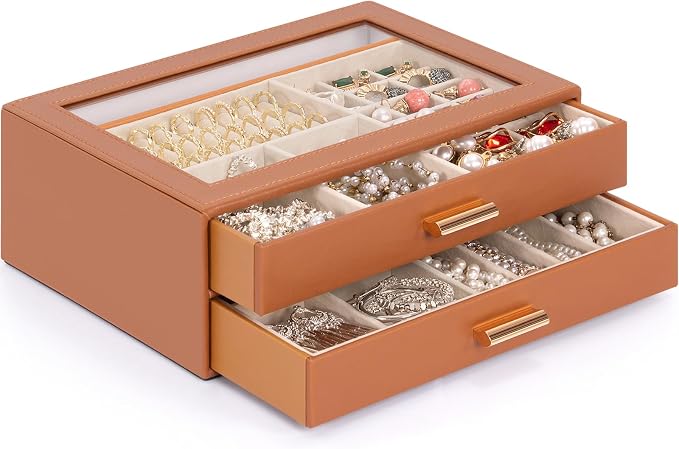 AKOZLIN Jewelry Box with Clear Lid Functional Leather Jewelry Storage Organizer Case 2 Drawers for Women Girls Necklace Ring Bracelet Earring - Image 8