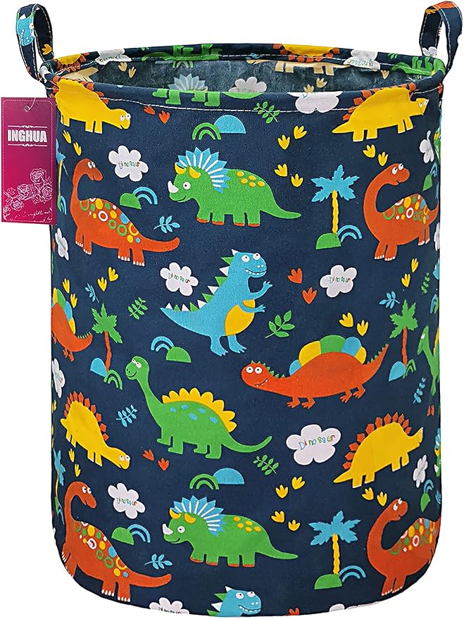 Laundry Hamper Large Canvas Fabric Lightweight Storage Basket/Toy Organizer/Dirty Clothes Collapsible Waterproof for College Dorms, Boys and Girls Bedroom,Bathroom (Forest Dinosaurs) by INGHUA
