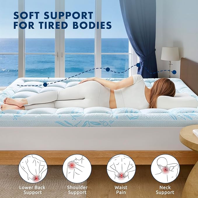 Full Mattress Topper Viscose Derived from Bamboo,Breathable and Soft Extra Thick Pillow Top Mattress Pad Cover for Back Pain, Deep Pocket Fits 7–21 Inch Mattress (54"x75",Blue)