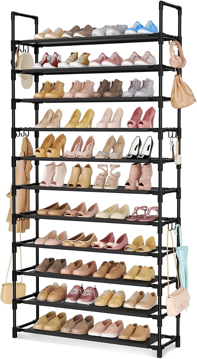 LANTEFUL 11 Tiers Tall Shoe Rack Holds 55 Pairs of Shoes with 18pcs Hooks Sturdy Wide Shoe Organizer Storage Free Standing Metal Shoe Shelf for Closet, Entryway Black by LANTEFULforTidyingHouse