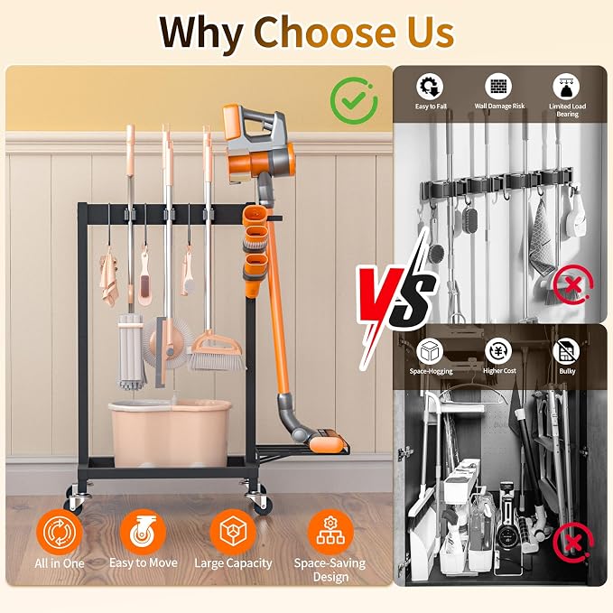 Broom Holder with Cleaning Supplies Organizer Load 160 LBS Cleaning Cart with Wheels Broom Closet Storage with 6 Mop Hanger Grippers, 3 Double-Hooks, Vacuum Stand for Laundry Garage Organization - Image 6