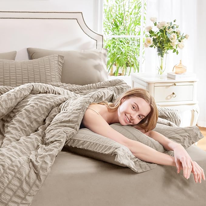 CozyLux Full Size Comforter Sets with Sheets 7 Pieces, Khaki Seersucker Bed in a Bag Textured Luxury Soft Bedding Sets with Down Alternative Comforter, Sheets, Pillowcases & Shams for All Season