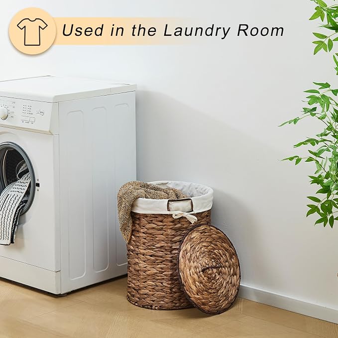 Round Water Hyacinth Laundry Hamper with Lid Handwoven Wicker Basket with Handles for Dirty Clothes, Storage, and Organization, No Assembly Required, 40L - Image 4