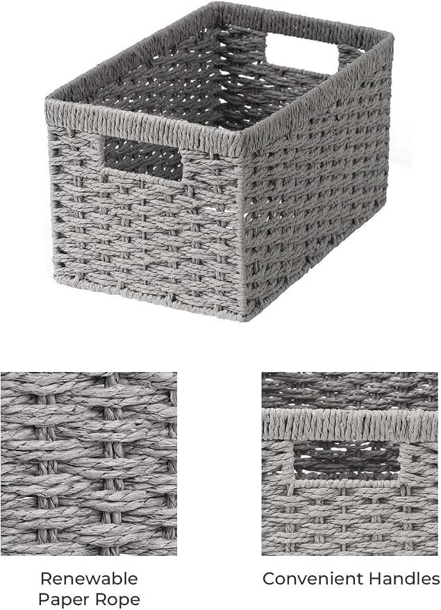 StorageWorks Round Paper Rope Storage Baskets, Rectangular Wicker Baskets with Built-in Handles, Gray, 2-Pack - Image 3