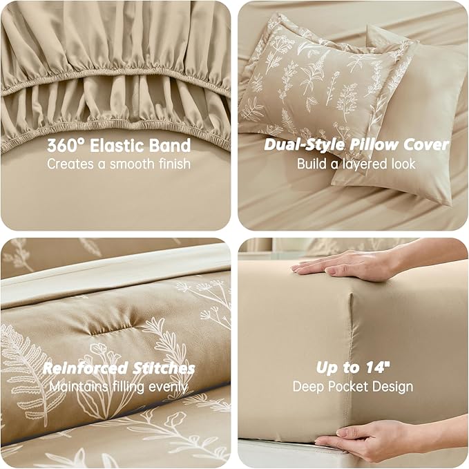 MUXHOMO Taupe Full Comforter Set, Elegant Floral Print Bed in a Bag 7 Pieces, Ultra Soft & Breathable Reversible Botanical Pattern Bedding Set with Comforter, Sheets, Pillowcases, and Shams