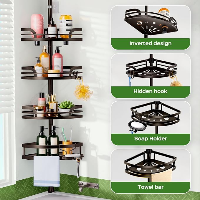 HAMITOR Shower Caddy Tension Pole: Rustproof Bathroom Corner Shelf for Renters, 47-121 inches Adjustable Organizer with Soap Holder-Large Capacity Rack for Shampoo Storage Home Accessory- Bronze - Image 6