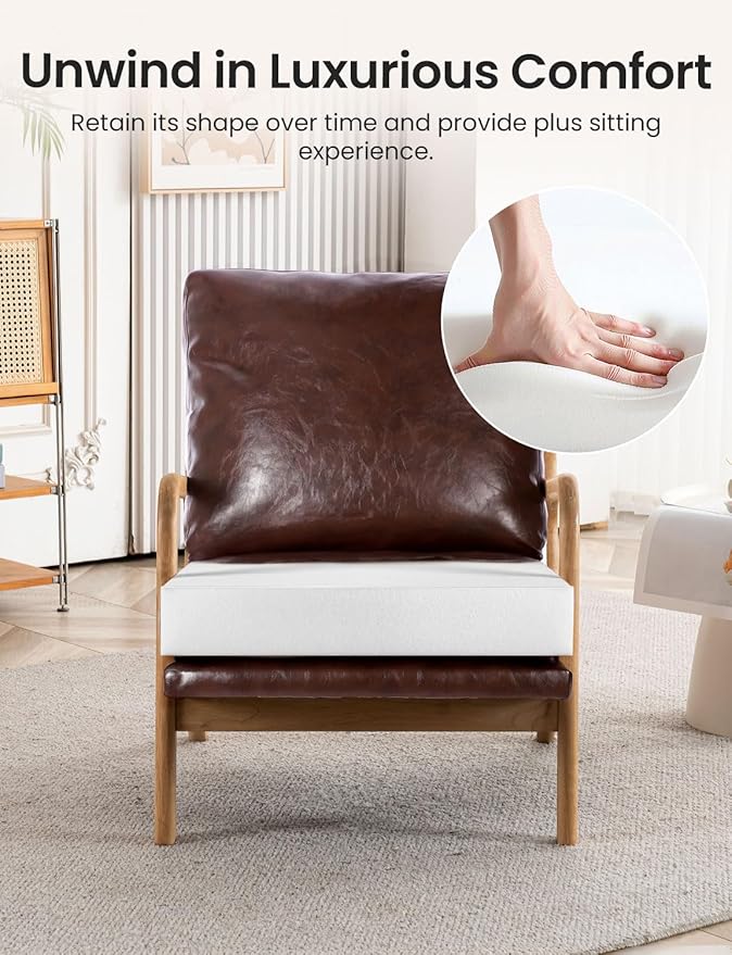 Mid Century Modern Accent Chairs for Living Room, 23” Wide Comfy Chair for Bedroom, Small Cozy Leather Reading Chairs for Adults, 108° Lounge Arm Chair Indoor with Detachable Cover, 5.5" Foam Cushion