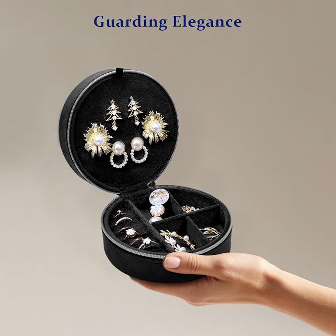 CONBOLA Travel Jewelry Case Small Jewelry Box for Women Girls,Round Velvet Jewelry Travel Organizer,Portable Jewelry Box for Rings Earrings Necklaces Bracelets.(Black,Large) - Image 6