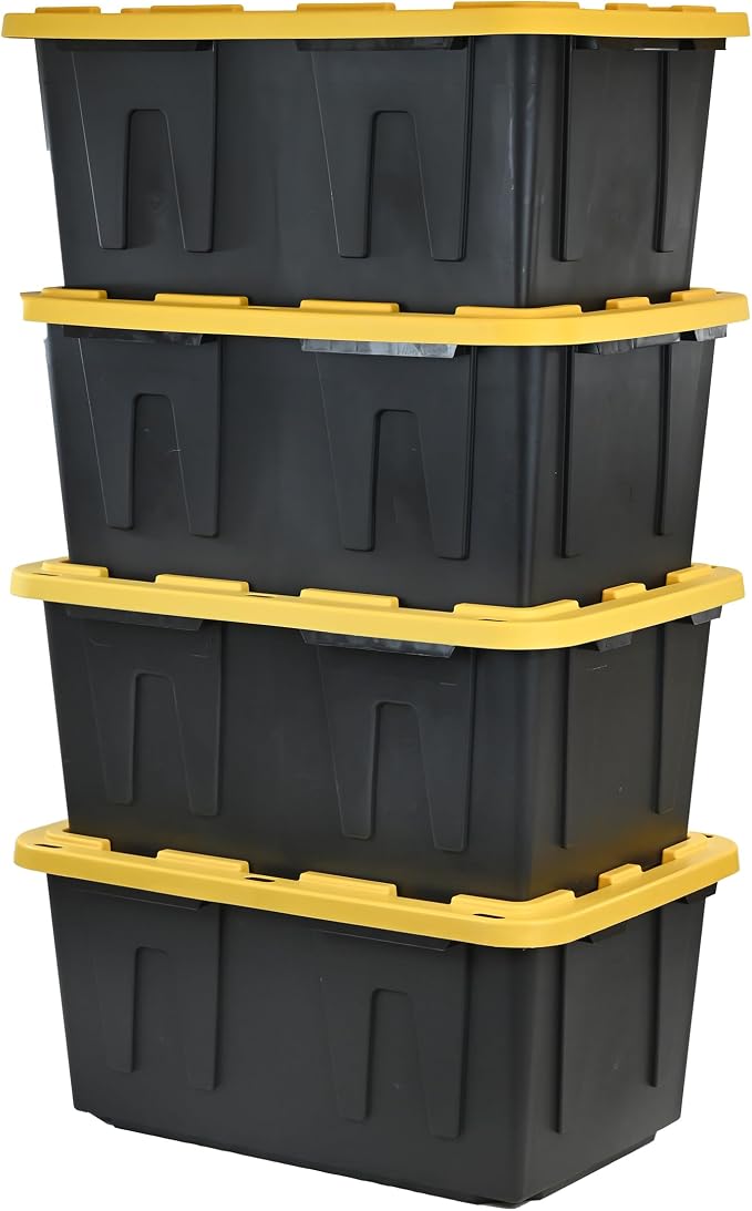 CX Black & Yellow 27-Gallon Heavy Duty Storage Bins with Lids, Stackable Plastic Storage Bins with Weather-Resistant Design, Home Organization, 4 Pack (14.3"H x 20.6"W x 30.6"D) - Image 2