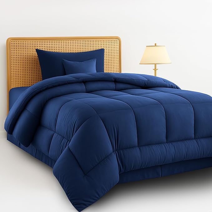 LUX Décor 4pc Twin Comforter Set, All-in-One Bed in a Bag, Includes 1 Comforter, 1 Pillow Shams, 1 Decorative Pillow & 1 Bed Skirt (Navy Blue, Twin)
