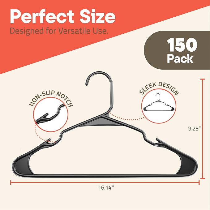 Gray Plastic Hangers 150 Pack– Heavy-Duty Plastic Hangers Slim and Space-Saving, Durable and Lightweight PP with Non-Slip Shoulder Notches for Slip Dresses, Suits, Jackets & Camisoles - Image 2