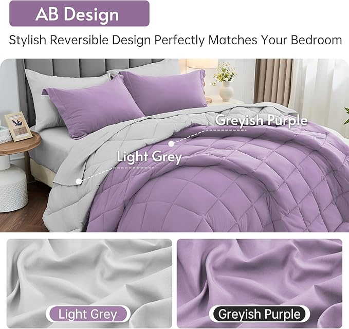 MUXHOMO 5 Pieces Twin XL Comforter Set, Reversible Bed in a Bag Twin XL Size, All Season Bedding Set with Comforter, Flat Sheet, Fitted Sheet, Pillowcases & Shams, Greyish Purple & Light Grey