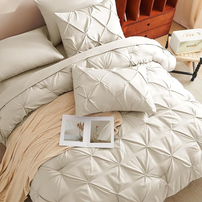 CozyLux California King Comforter Set Beige - 7 Pieces Cal King Bed in A Bag Gift for Family, Pinch Pleat Bedding Sets with All Season Comforter, Sheets, Pillowcases & Shams