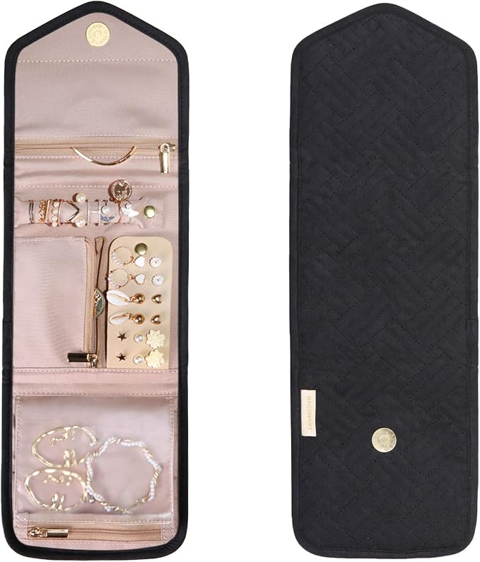 BAGSMART Travel Jewelry Organizer Case Foldable Jewelry Roll for Journey Rings, Necklaces, Earrings, Bracelets, Mini, Black - Image 9