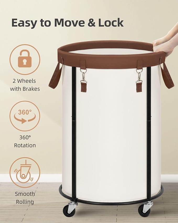 STORAGE MANIAC Rolling Laundry Hamper with Wheels 110L Laundry Basket, Round Laundry Cart with Metal Frame and Removable Bag, Clothes Hamper for Bedroom, Bathroom, Dorm Room, Laundry Room, Beige - Image 4