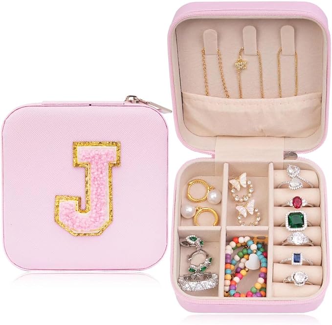 ETHOON Jewelry Travel Case Small Organizer Stocking Box Personalized Gifts Teenage Jewelry Accessories Holiday Wedding Christmas Gift for Women Pink, Letter J by ETHOON
