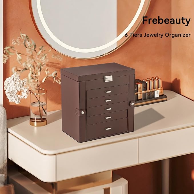 Frebeauty Large Jewelry Box,6-Tier PU Leather Jewelry Organizer,Multi-functional Storage Case with Mirror,Accessories Holder with 5 Drawers for Necklace Bracelets Watches(Dark Brown) - Image 2