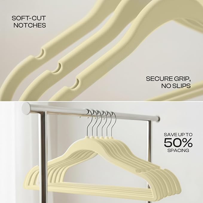 Utopia Home Velvet Hangers 20 Pack – Luxury Non-Slip Slim Pant & Coat Hangers, Strong Space-Saving Clothes Hangers with Pants Bar and 360° Swivel Hook – Ivory - Image 3