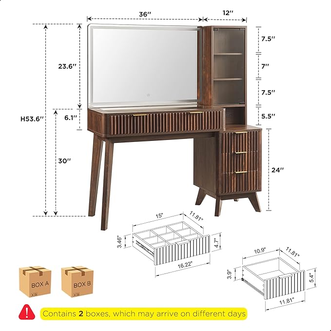 T4TREAM 48" Fluted Makeup Vanity Desk with Large 36" Mirror and Lights, Modern Glass Top Big Vanity Table w/5 Drawers & Adjustable Shelves, Dressing Table w/Charging Station for Bedroom, Dark Walnut