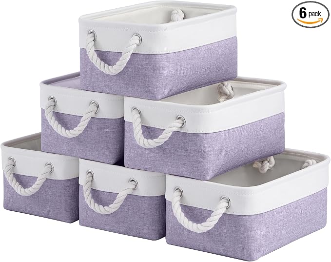Storage Baskets for Shelves 11.8x7.9x5.2 Inch, Foldable Fabric Storage Bins with Handles, Small Storage Baskets for Organizing Closet, Office, Home Organization (6-Pack, White&Purple) by VQRTEXAStorageBasket
