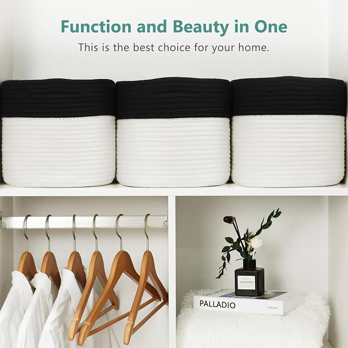 ECDYQXVU Cotton Rope Storage Basket, 15x10x9 Inches, Woven Basket for Shelves, Clothes, Towels, Books, and Laundry, Black/ White (1 Pack) - Image 5