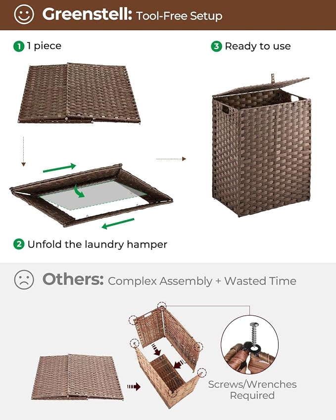 Greenstell Laundry Hamper with lid, No Install Needed, 90L Wicker Laundry Baskets Foldable 2 Removable Liner Bags, 2 Section Clothes Hamper Handwoven Rattan Laundry Basket with Handles, Brown - Image 5
