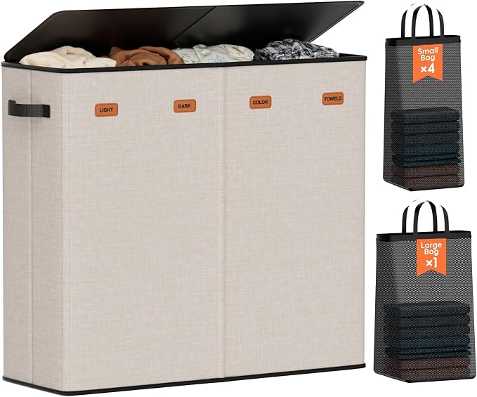 Laundry Hamper 4-Section with Lid, 185L Laundry Sorter with 4 Removable Bags + 1 Extra Large Bag, Switchable 3/4 Compartment, Laundry Basket Organizer for Bedroom, Laundry Room，Beige by Vexalora