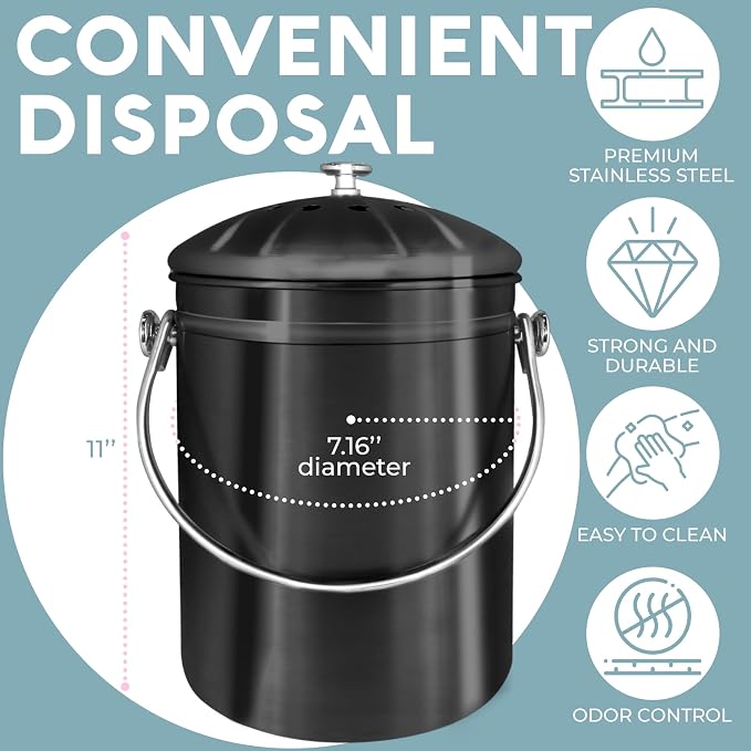 EPICA Countertop Compost Bin Kitchen | 1.3 Gallon | Odorless Composting Bin with Carbon Filters | Indoor Compost Bin with Lid | Stainless Steel Kitchen Composter for Food Scraps & Waste Recycling - Image 4