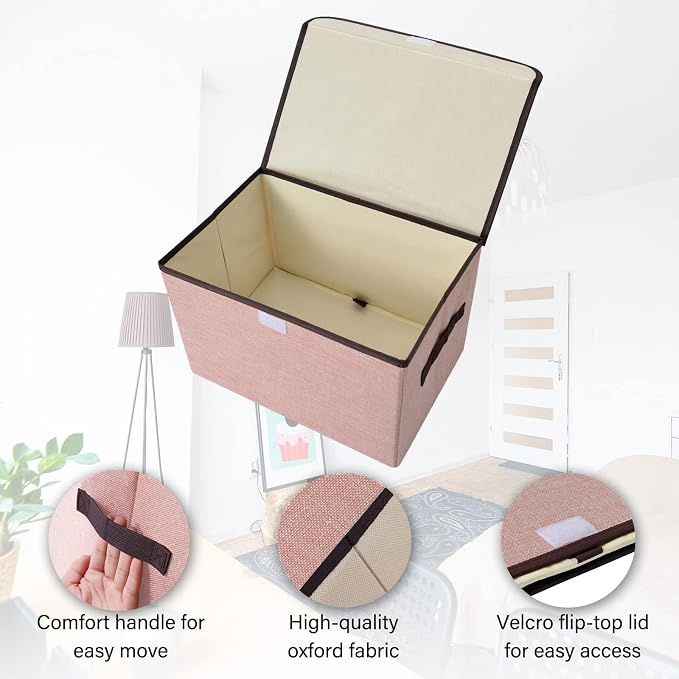 Bagnizer Linen Fabric Foldable Storage Cube Bin Organizer Basket with Flip-Top Lid & Handles, Large Clothes Blanket Box for Home, Office, Closet, Gray & Pink, 4 Pack 14.6 x 9.5 x 9.5” - Image 2