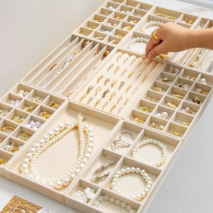 SPAKOWN Jewelry Drawer Organizer Inserts Set of 9, Jewelry Trays for Drawers Velvet Jewelry Organizer Tray Drawer Jewelry Organizers and Storage for Earring Ring Necklace Watch Bracelet (Beige) - Image 5