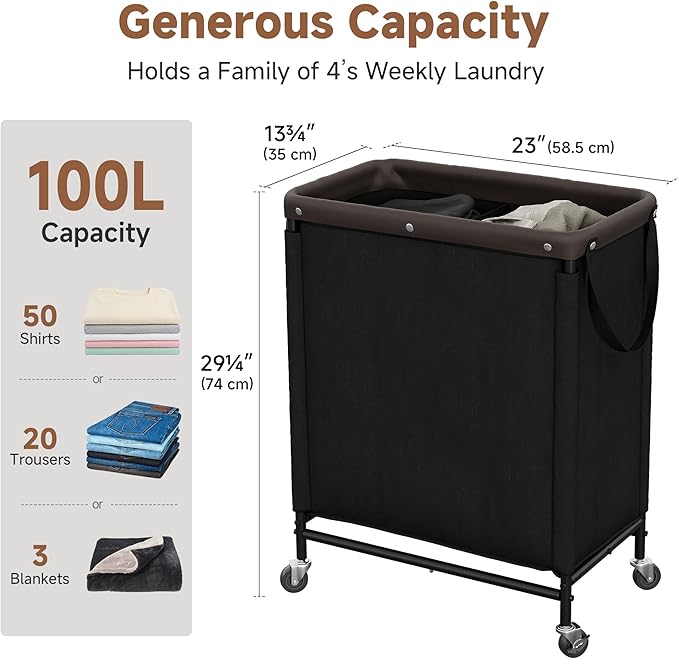 StorageWorks 2 Section Laundry Hamper, Rolling Laundry Cart with Wheels and Handles, Laundry Room Double Sorter for Organizer and Storage, 26.4 Gal(100L), Black - Image 3