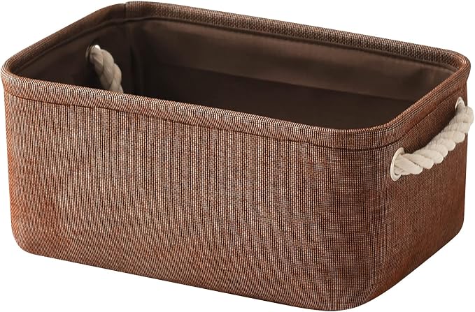 TheWarmHome Small Fabric Canvas Storage Bin with Cotton Rope Handles - Foldable Empty Basket for Gift (Brown-1 Pack,11.8L7.9W5.2H inch) by TheWarmHome