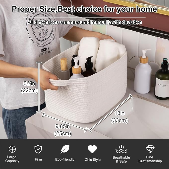 OIAHOMY Woven Storage Basket for Shelves, Rectangle Cotton Rope Baskets for Organizing, 13 x 10 x 9 in, Storage Bins for Dog Toys,Towel,Books,Gift, White - Image 3