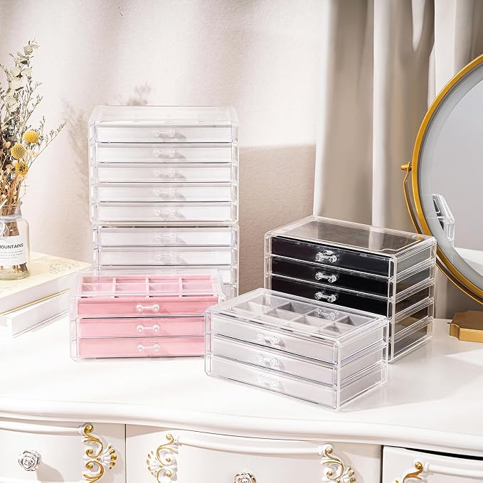 ProCase Earring Holder Organizer Jewelry Box with 3 Drawers, Acrylic Clear Earring Case with Adjustable Velvet Trays for Women - Black, 3 Layers - Image 5