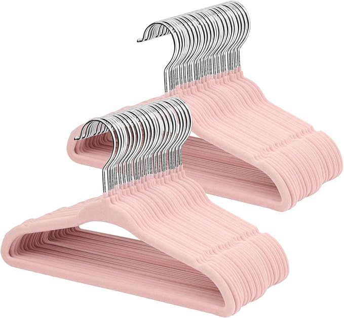 ManGotree 11" Baby Velvet Hangers, Non-Slip Infant Coat Hangers, Ultra-Thin Toddler Felt Hanger with 360° Swivel Hook, Space Saving Children's Hanger for Kids Clothes, 48 Pack (Light Pink) by ManGotree
