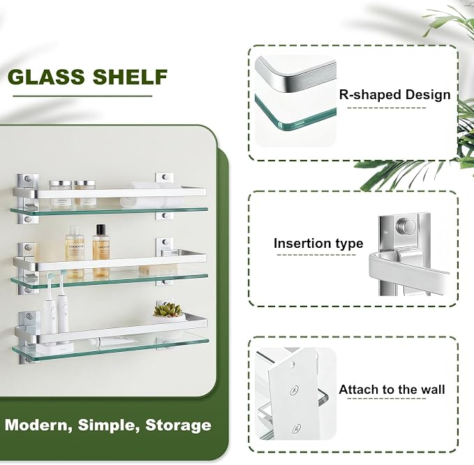 AIJALY 3 Pack Bathroom Glass Shelf,Aluminum Tempered Glass 0.3in Extra Thick Rectangular 1 Tier Storage Organizer Wall Mount,Silver 15.7in - Image 8