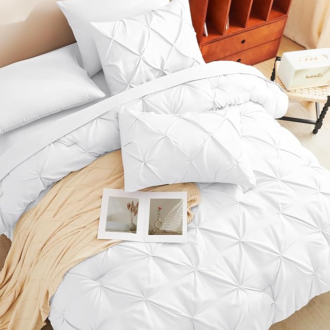 CozyLux Full Size Comforter Sets White, 7 Pieces Pintuck Bed in A Bag White Comforter Full Size, Pinch Pleat Bedding Sets with All Season Comforter, Sheets, Pillowcases & Shams