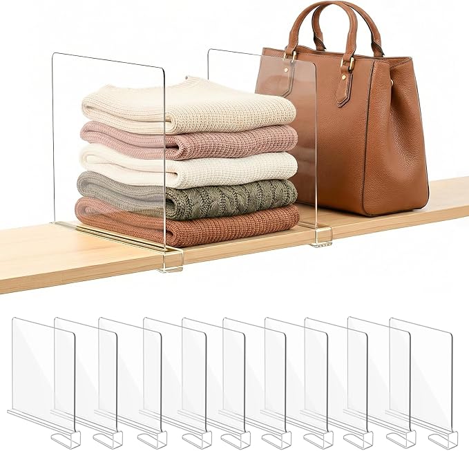 SortNStore Shelf Dividers Purse Organizer for Closet: 11-inch Tall(Extra Tall) Acrylic Sweater Organizer - Upgraded Extra Height for Large Handbags, Totes, Clothes, Towels on Wood Shelves 10-Pack by SortNStore